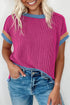 Retro Vibe Contrast Trim Corded Knit Short Sleeve Top
